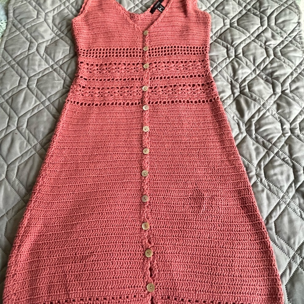 Forever 21 Pink Button-Front Crochet Midi Dress
